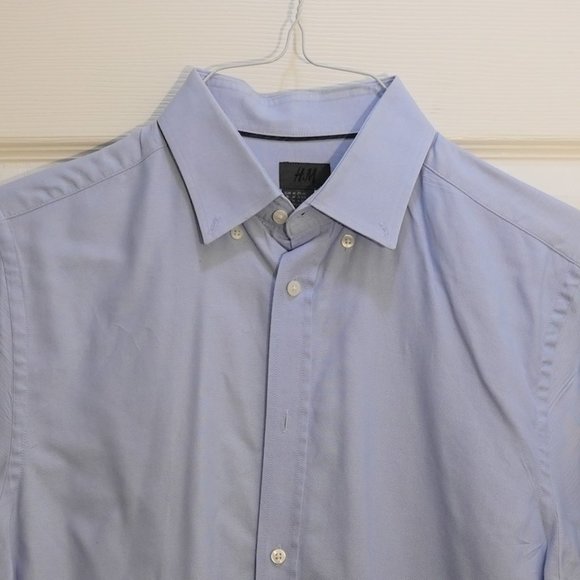 H&M Men's Textured Long Sleeve Straight Hem Dress Shirt in Light Blue Size 15 - Picture 4 of 6